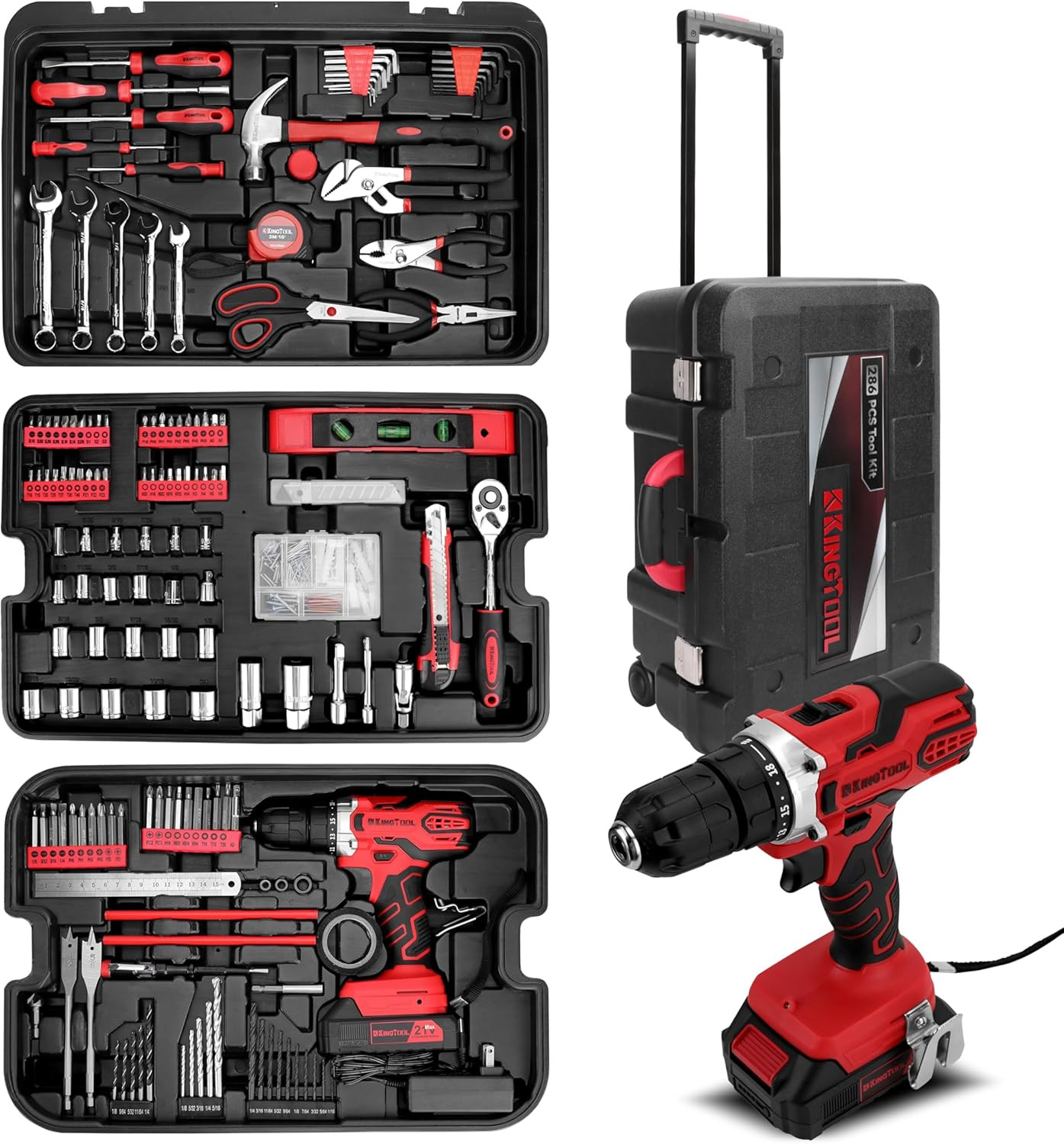 Home Tool Set Kit - 286 PCS Home Auto Repair Tool Kit with Rolling Tool Box, Mec