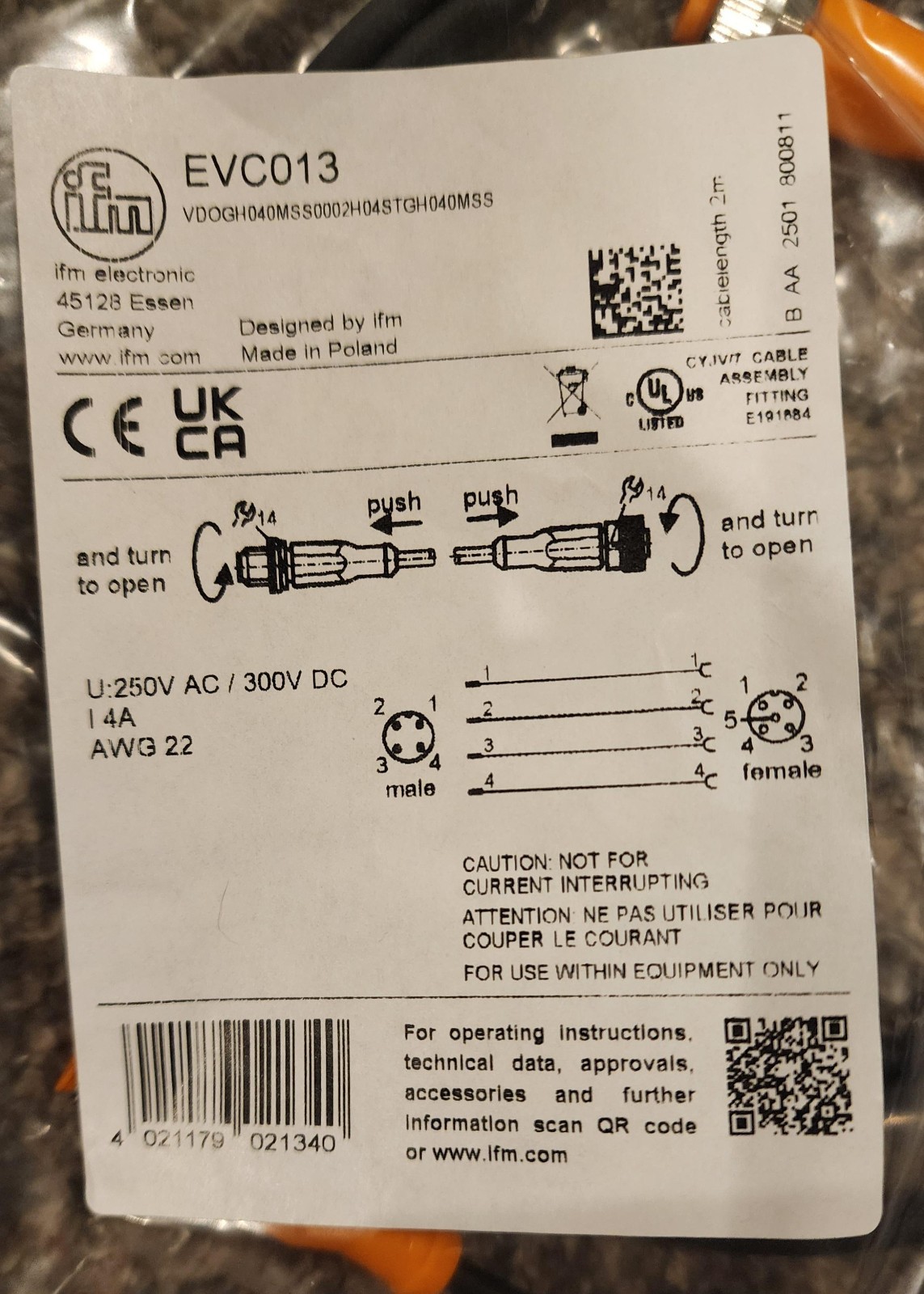 IFM EVC013 Electronic Connection Cable 2 meter NEW
