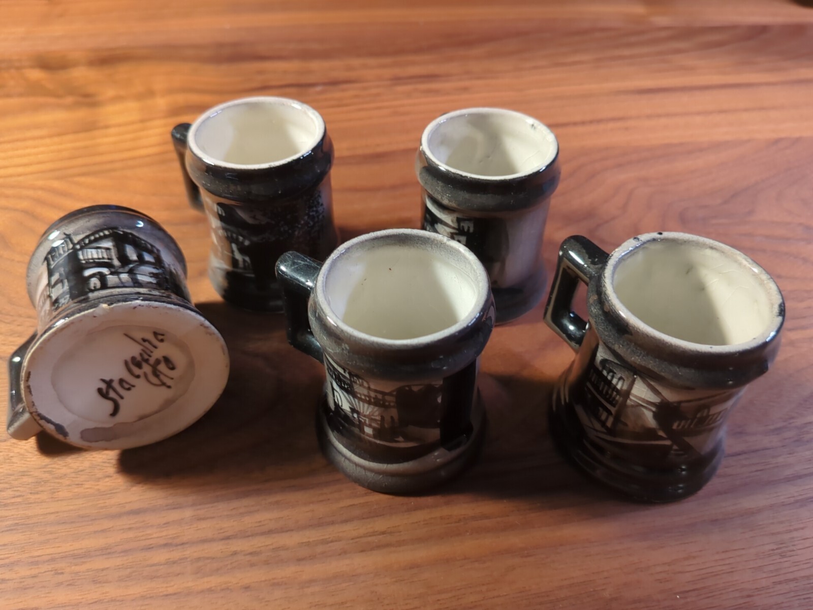 Rare Ceramic Handmade Hand painted Signed Shot Glass Set Of 5 Surreal Art LOOK!