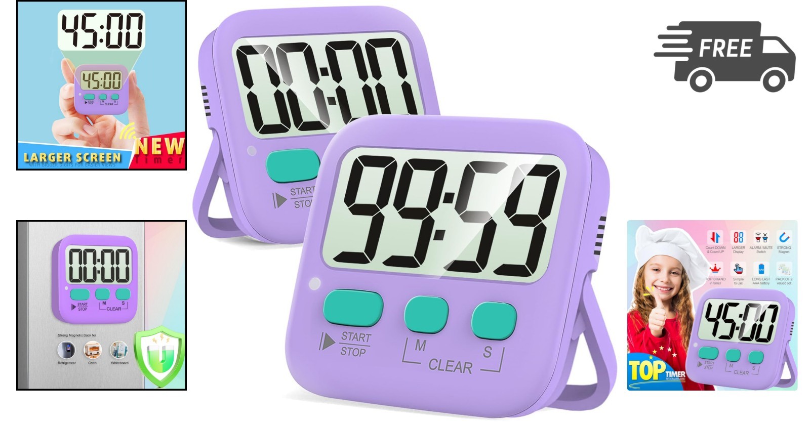 Digital Timer for Kids Kitchen Classroom Study Exercise Two Pack Purple