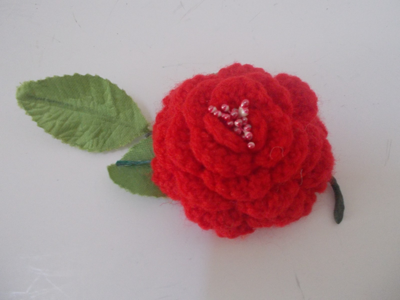 VTG Handmade Crochet Red Rose Pin w/ Beading
