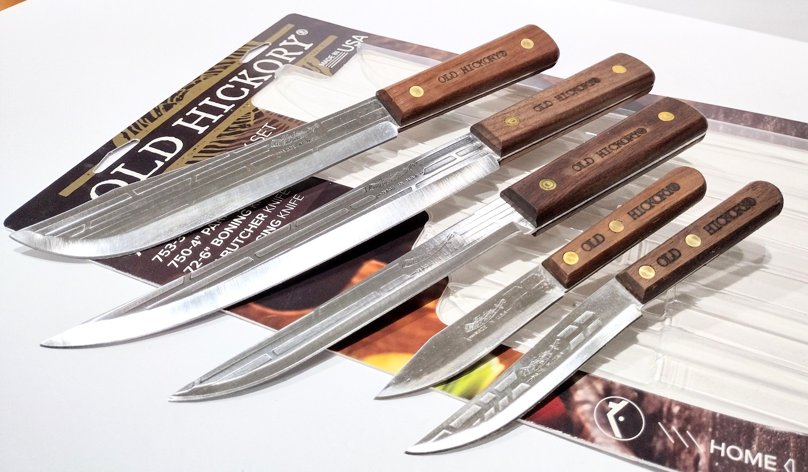 Ontario OKC Old Hickory USA Hardwood OH705 Carbon Steel 5 pc Kitchen Knife Set