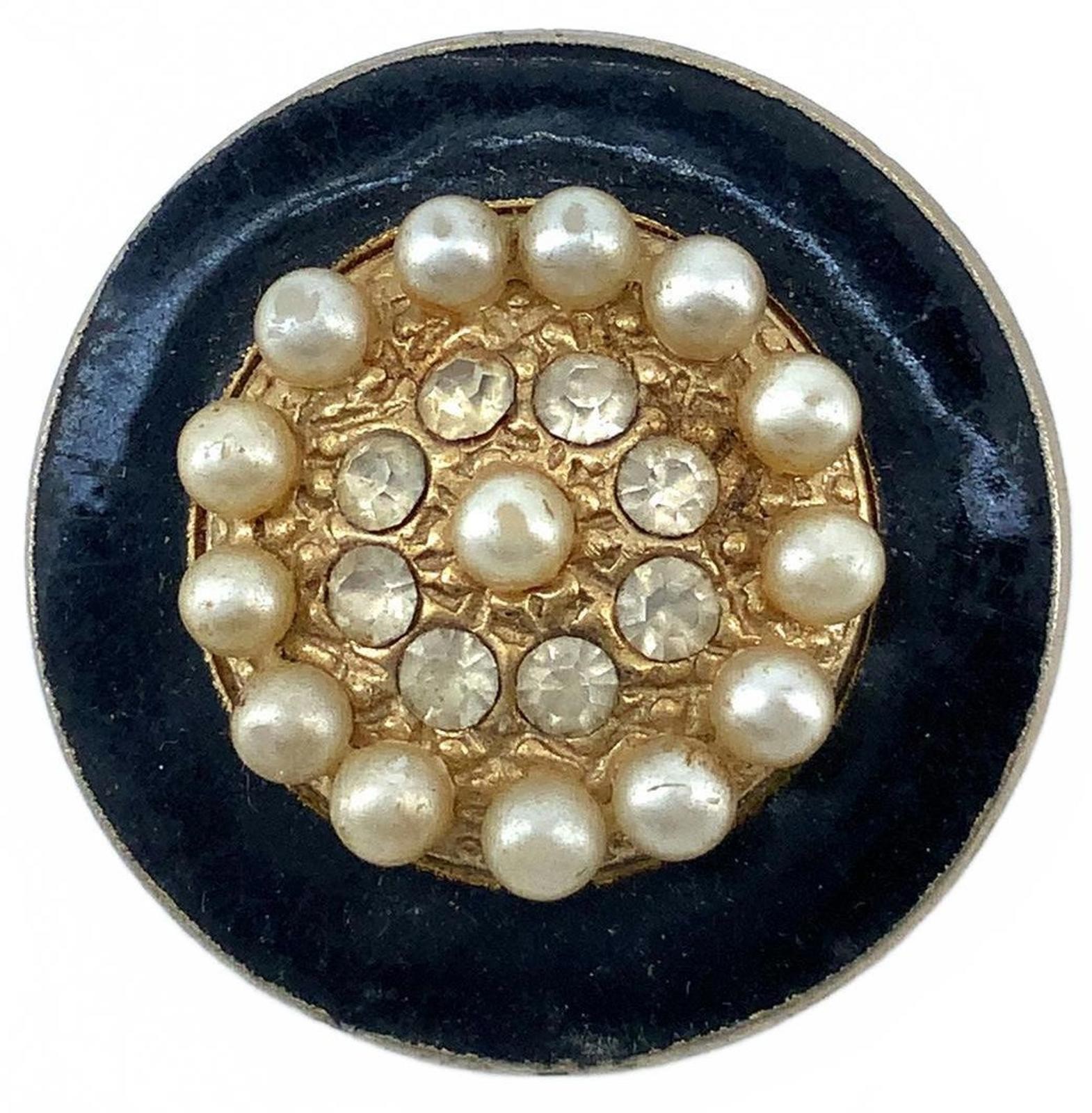 Vintage Faux Pearl Rhinestone Mid Century Brooch Black Enamel Goldtone Round