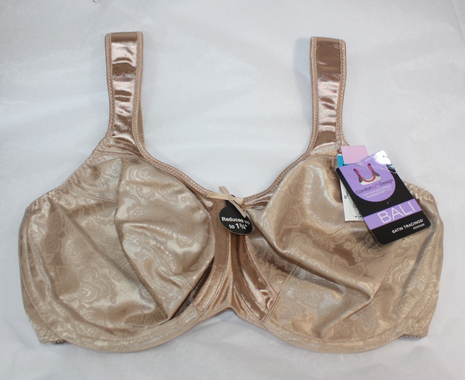 NWT BALI MINIMIZER satin tracings comfort U padded straps bra df3562 NUDE beige