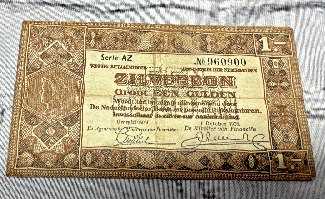 1938 Netherlands 1 Gulden Zilverbon Banknote