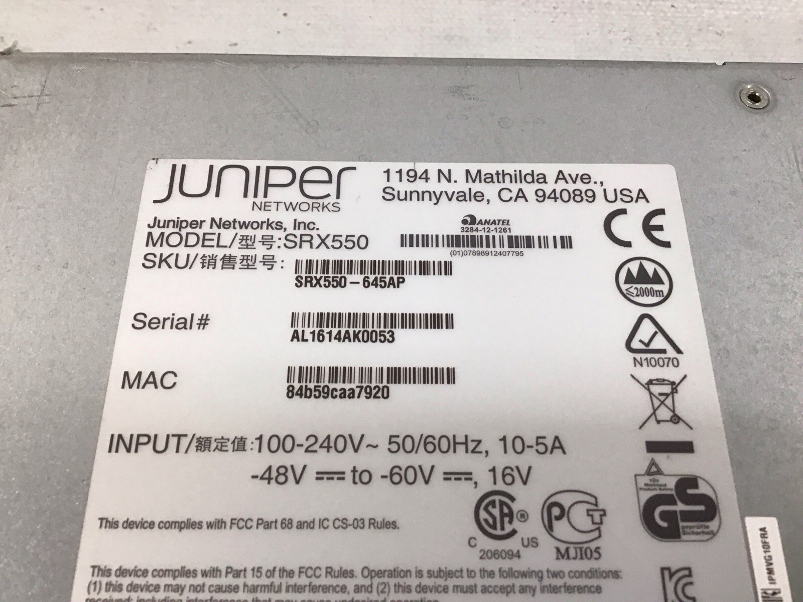 Juniper Networks SRX550-645AP Services Gateway Firewall Security Appliance