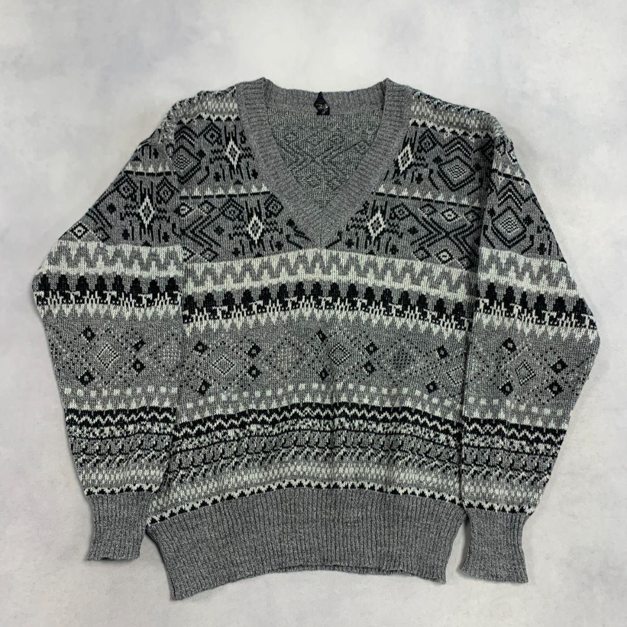 Vintage Abstract Knitted Jumper Patterned Grandad Chunky V-Neck Knit Sweater