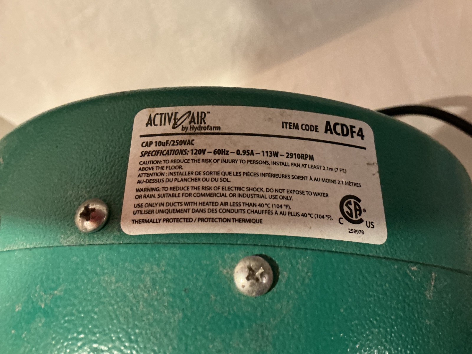 HYDROFARM ACTIVE AIR ACDF4 INLINE 4" DUCT FAN WITH SPEED CONTROL.