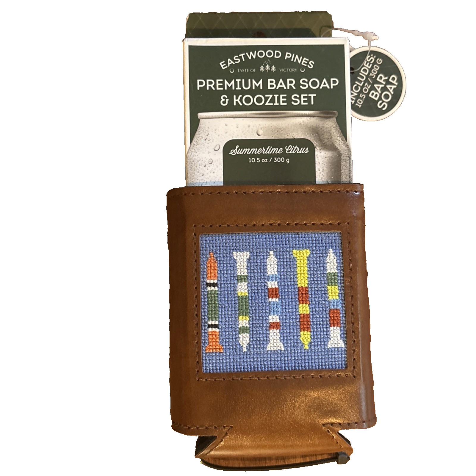 Eastwood Pines Golf Needlepoint Koozie Gift Set Bar Soap Summertime Citrus NWT