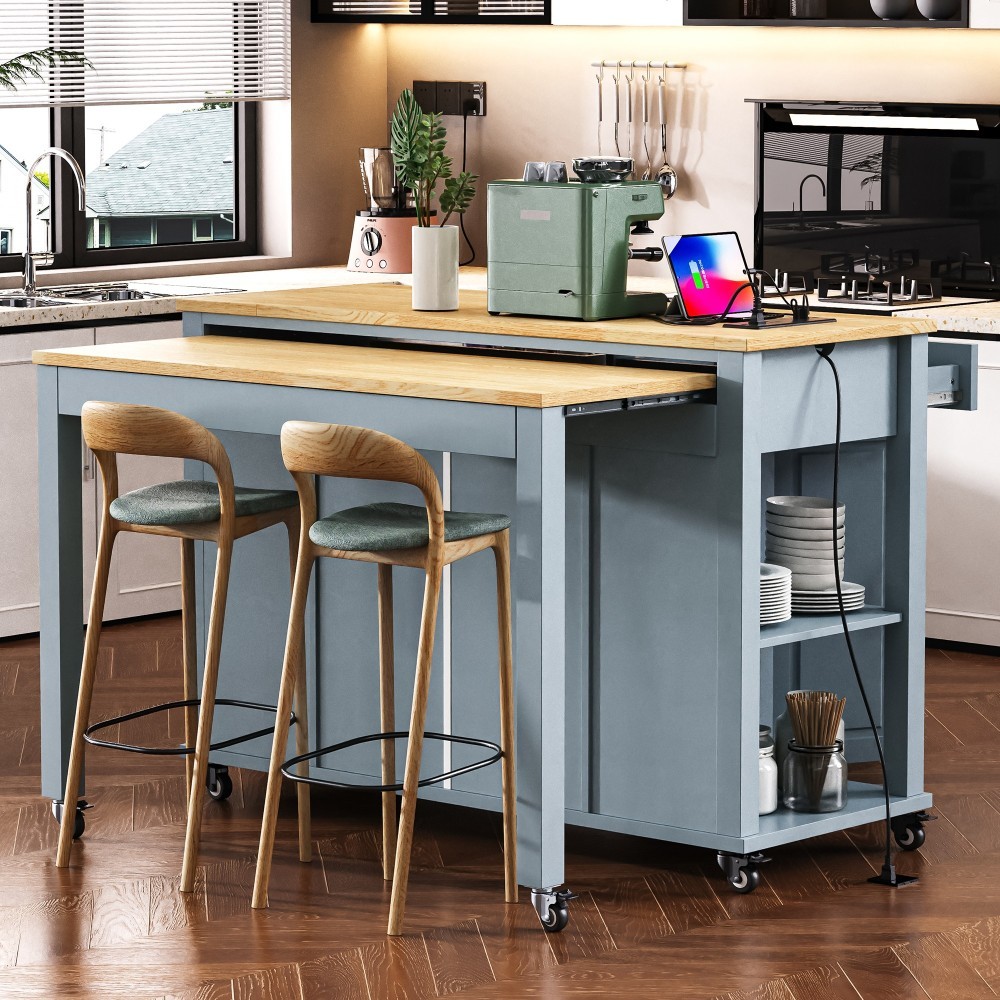 47-inch Kitchen Island w/ Extendable Table, Storage, Outlet - Grey Blue