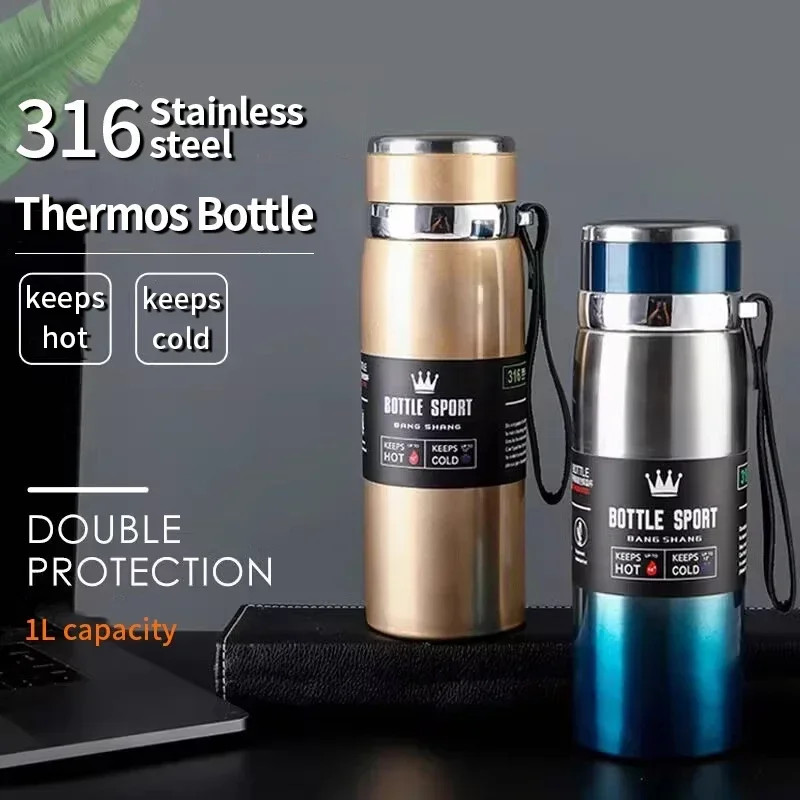 Portable 316 Stainless Steel Insulated Water Bottle - Travel Thermos for Hot &