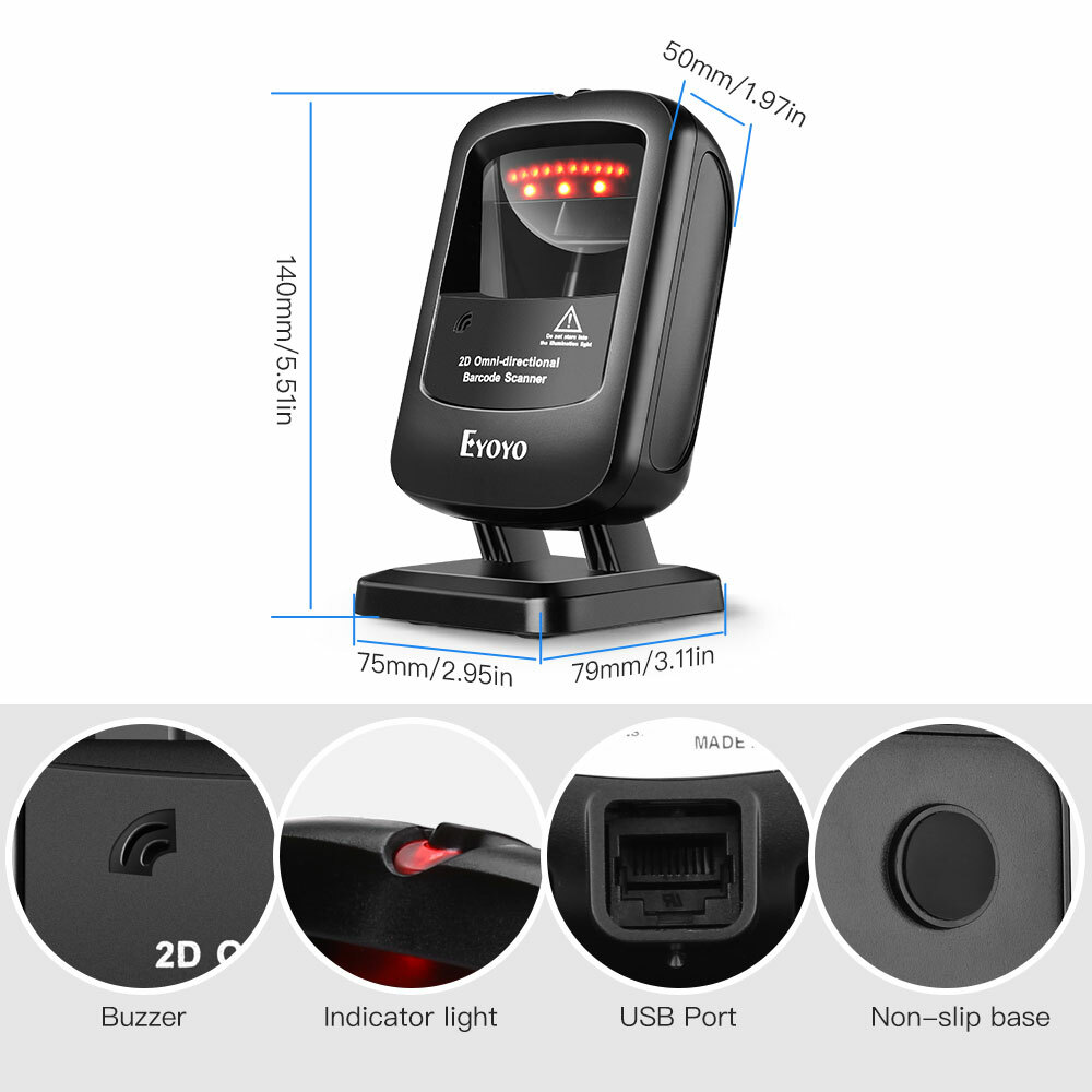 Eyoyo 1D 2D Desktop Barcode Scanner Automatic Image Sensing for Library Store