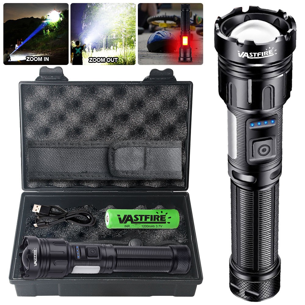Super Bright LED Flashlight Zoomable Torch USB Rechargeable COB Side Soft Light