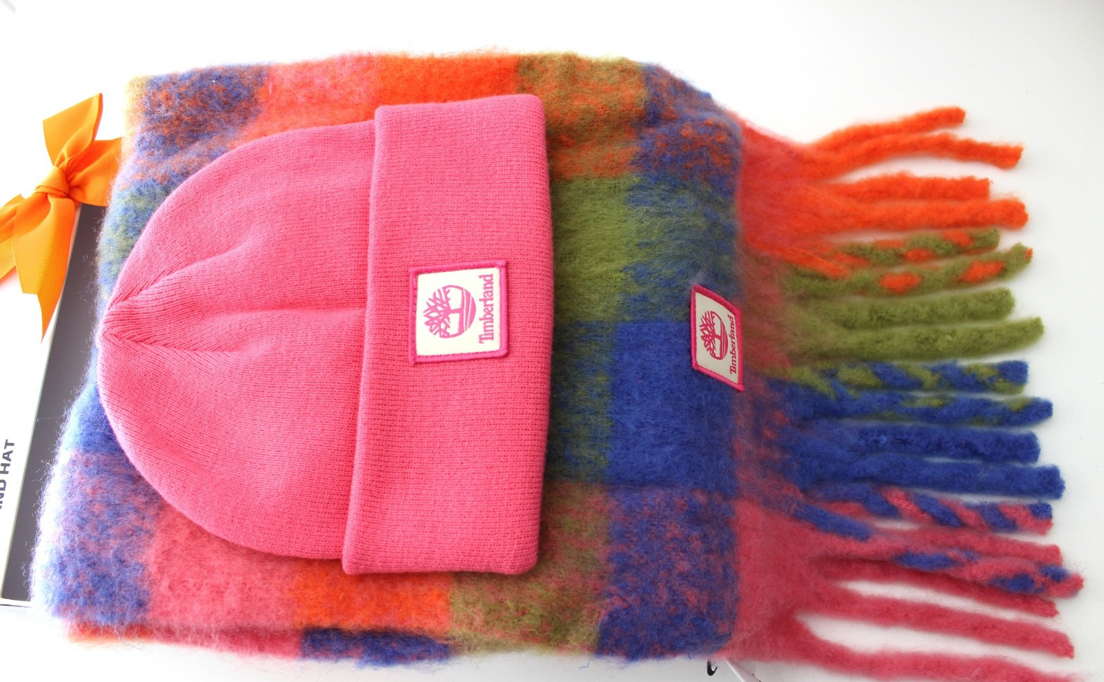 TIMBERLAND Scarf and Beanie Hat Set One Size Pink & Multi Check Retail $68