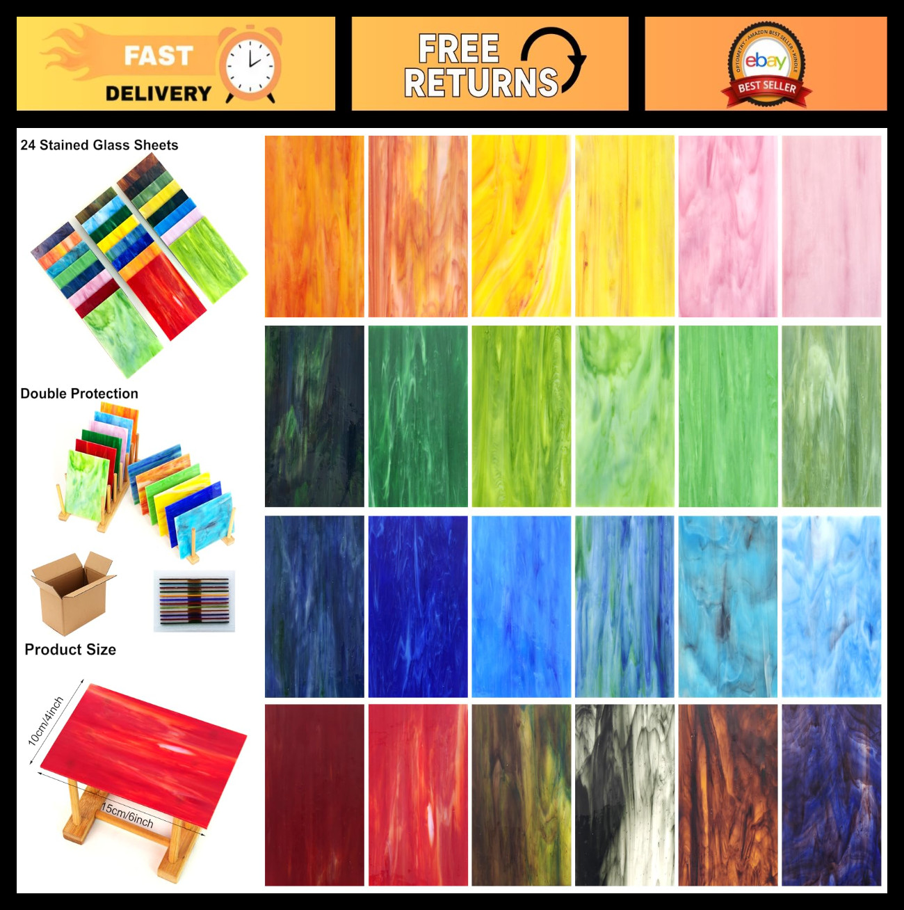 24 Pcs 4x6 Inch Stained Glass Sheets - Rainbow Mosaic Art Supplies for DIY Decor
