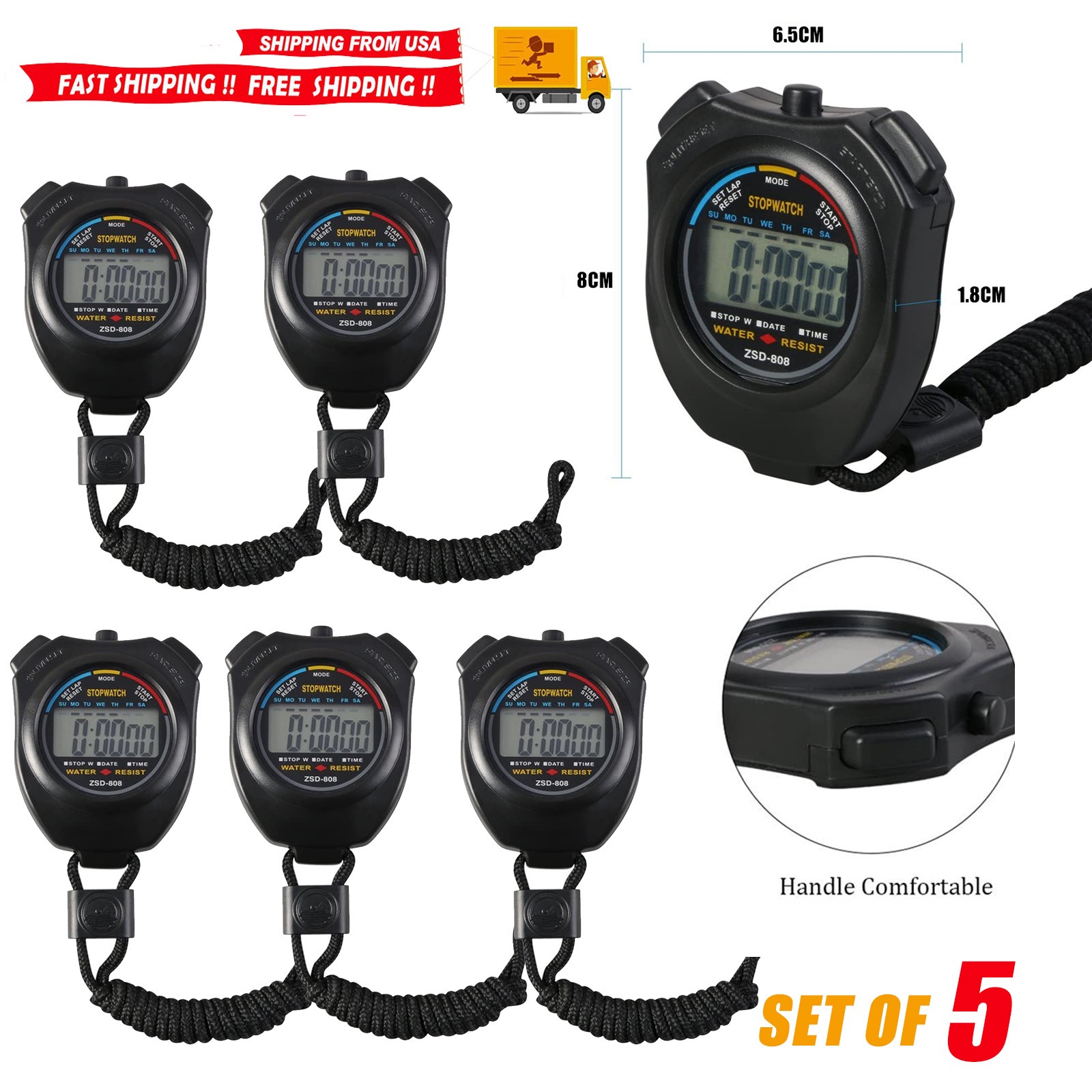 5× Multi-Function Digital Sports Stopwatch Timer Large Display Odometer Watch US