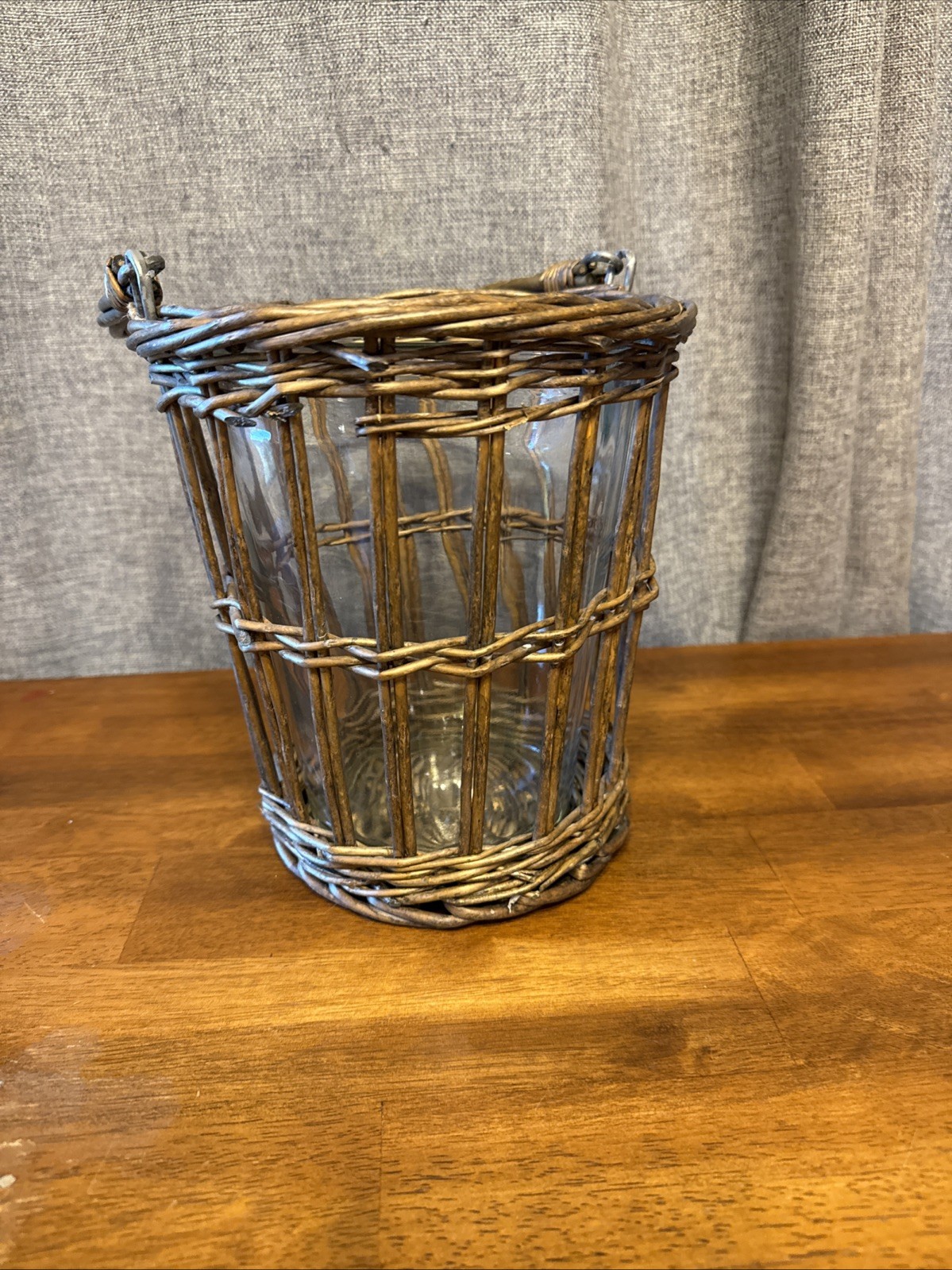 Lot of 2 Vintage Wicker Baskets With Glass Insert Plant Candle Flower Handles