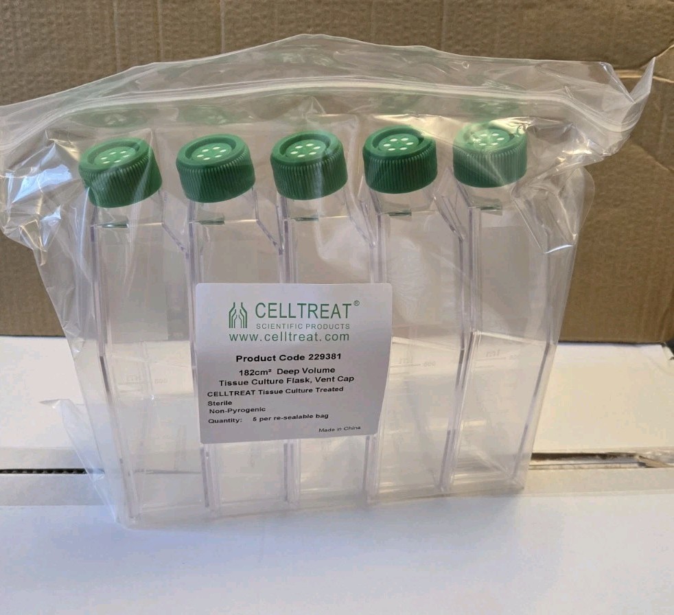 (5 Pack) CELLTREAT 182cm2 Tissue Culture Flask Plug Vent Cap Sterile #229381