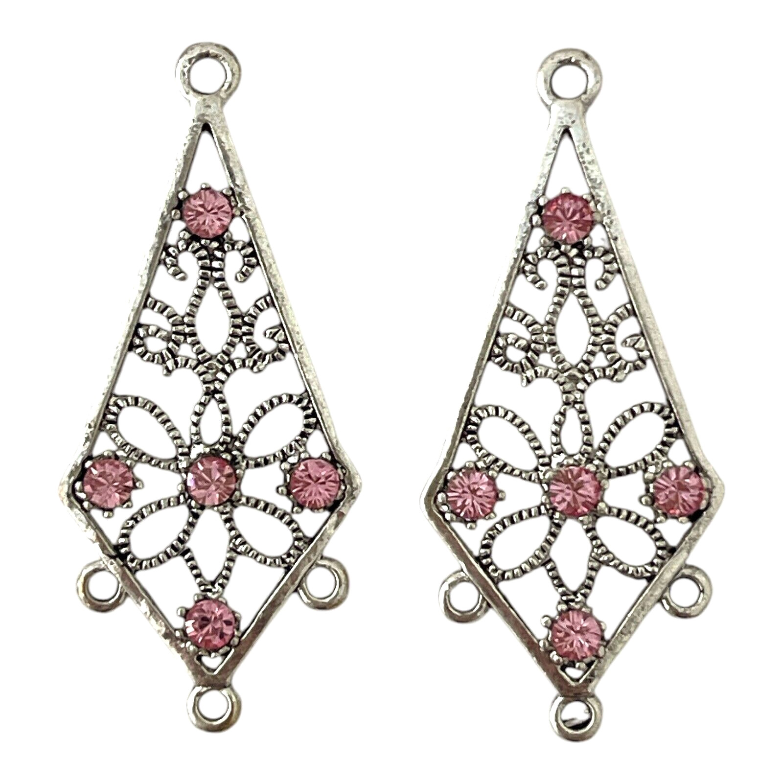 Kite DIY Earring Drops Light Rose Crystal Rhinestones Silver Chandelier 35x18mm