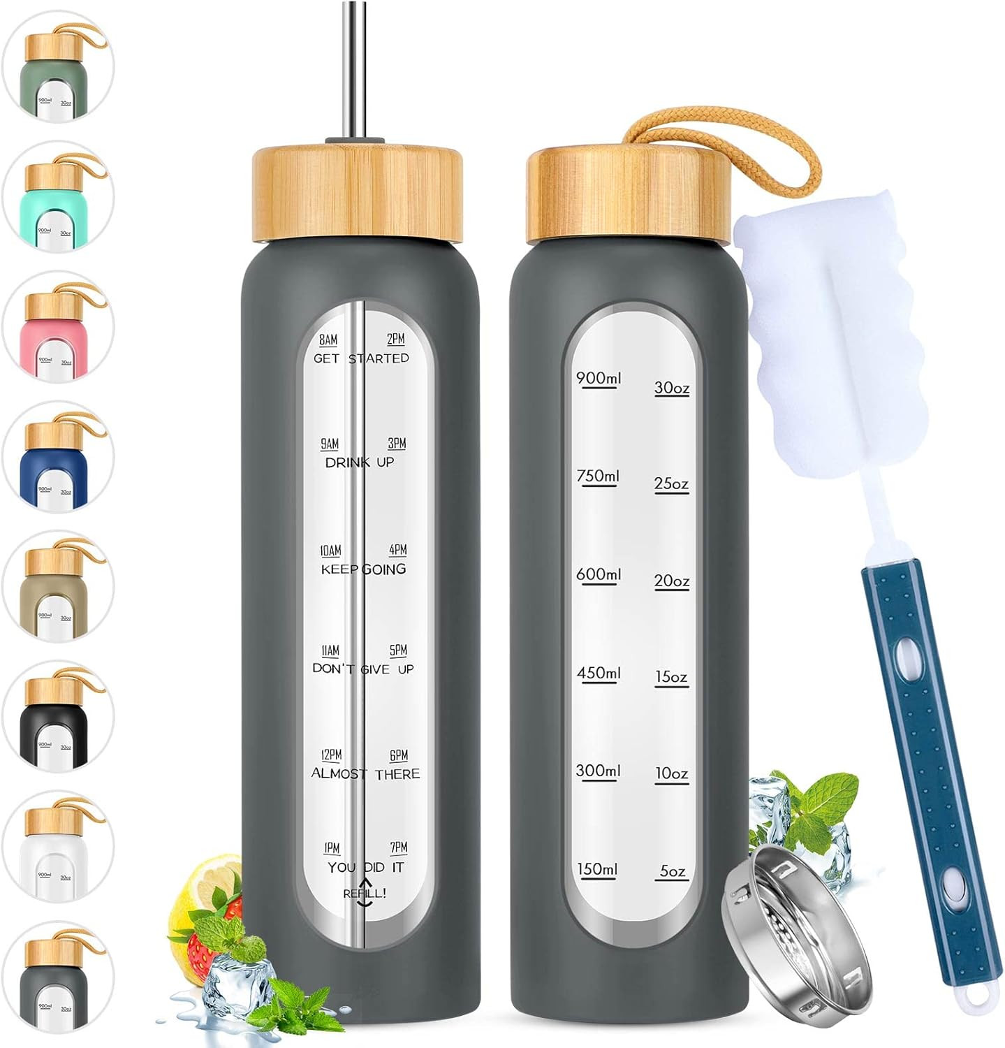 32 Oz Glass Water Bottle with Straw - Motivational Time Marker & Silicone Sleeve