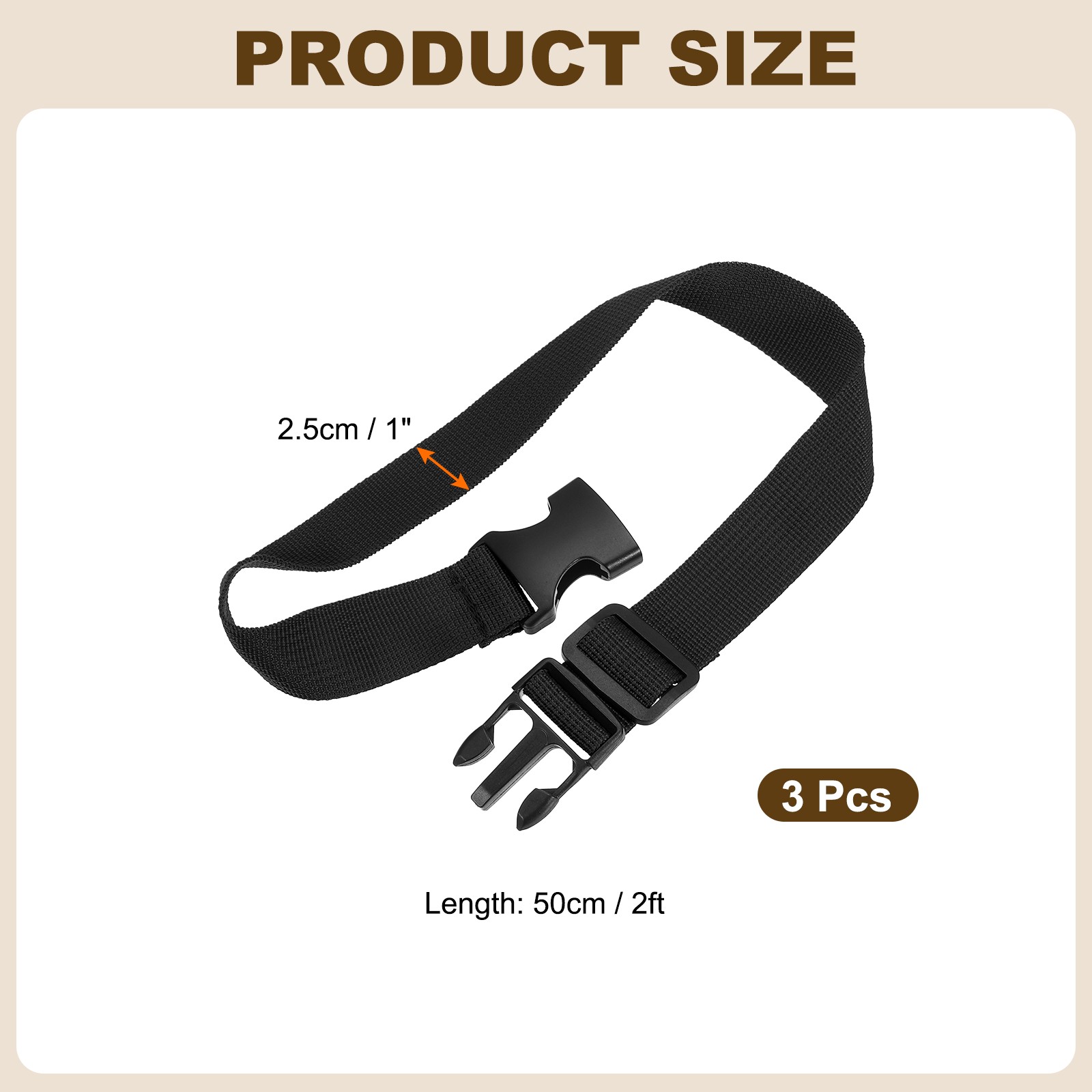 3pcs 1" x 2ft Utility Straps with Quick Release Buckle Adjustable, Black