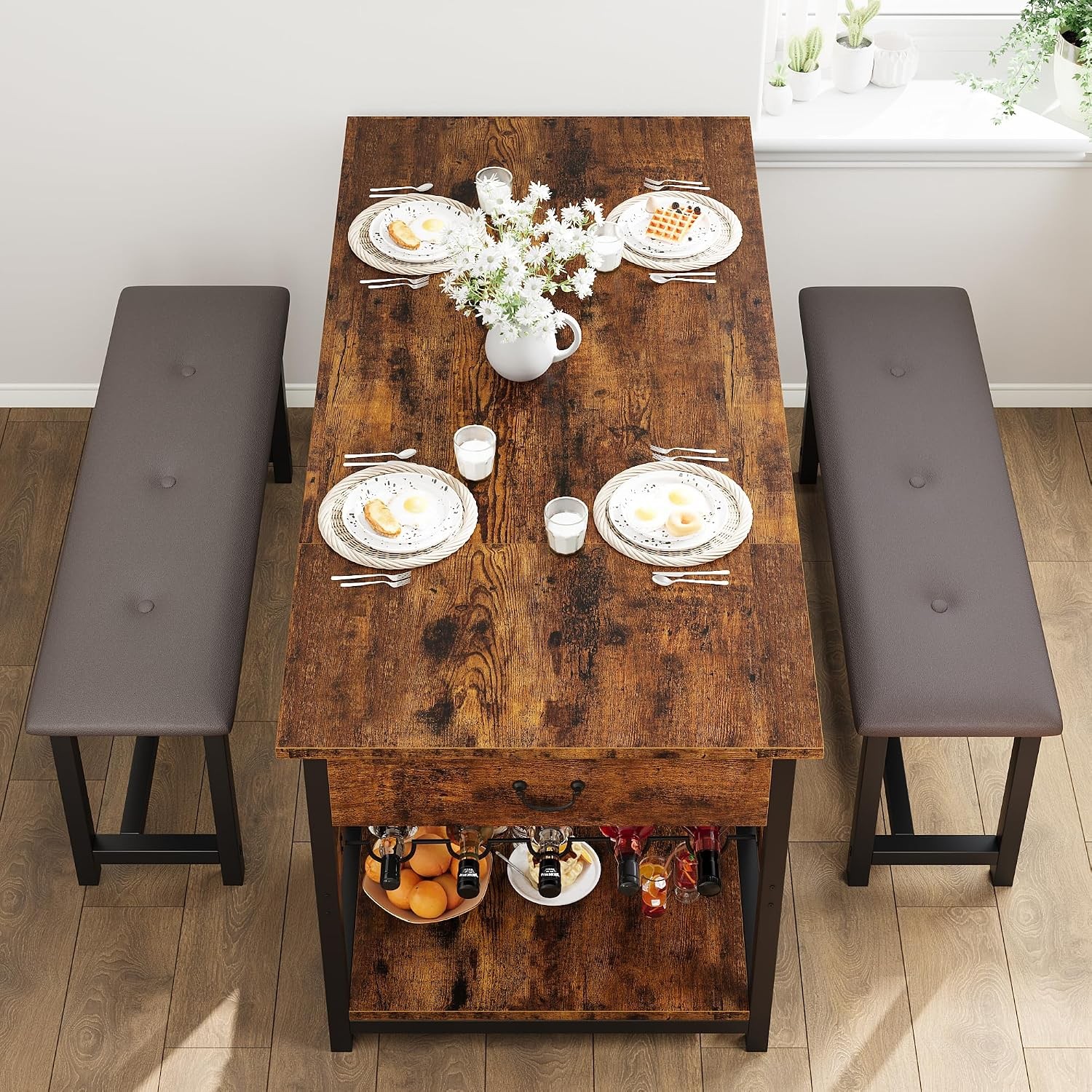 Dining Table Set 4 W/ Storage Drawers & Wine Rack Kitchen Table & Upholstered