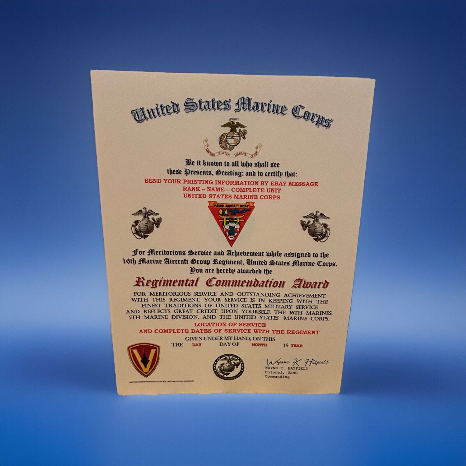 U.S.M.C. / 16TH MARINE AIRCRAFT GROUP- REGIMENTAL COMMENDATION AWARD CERTIFICATE