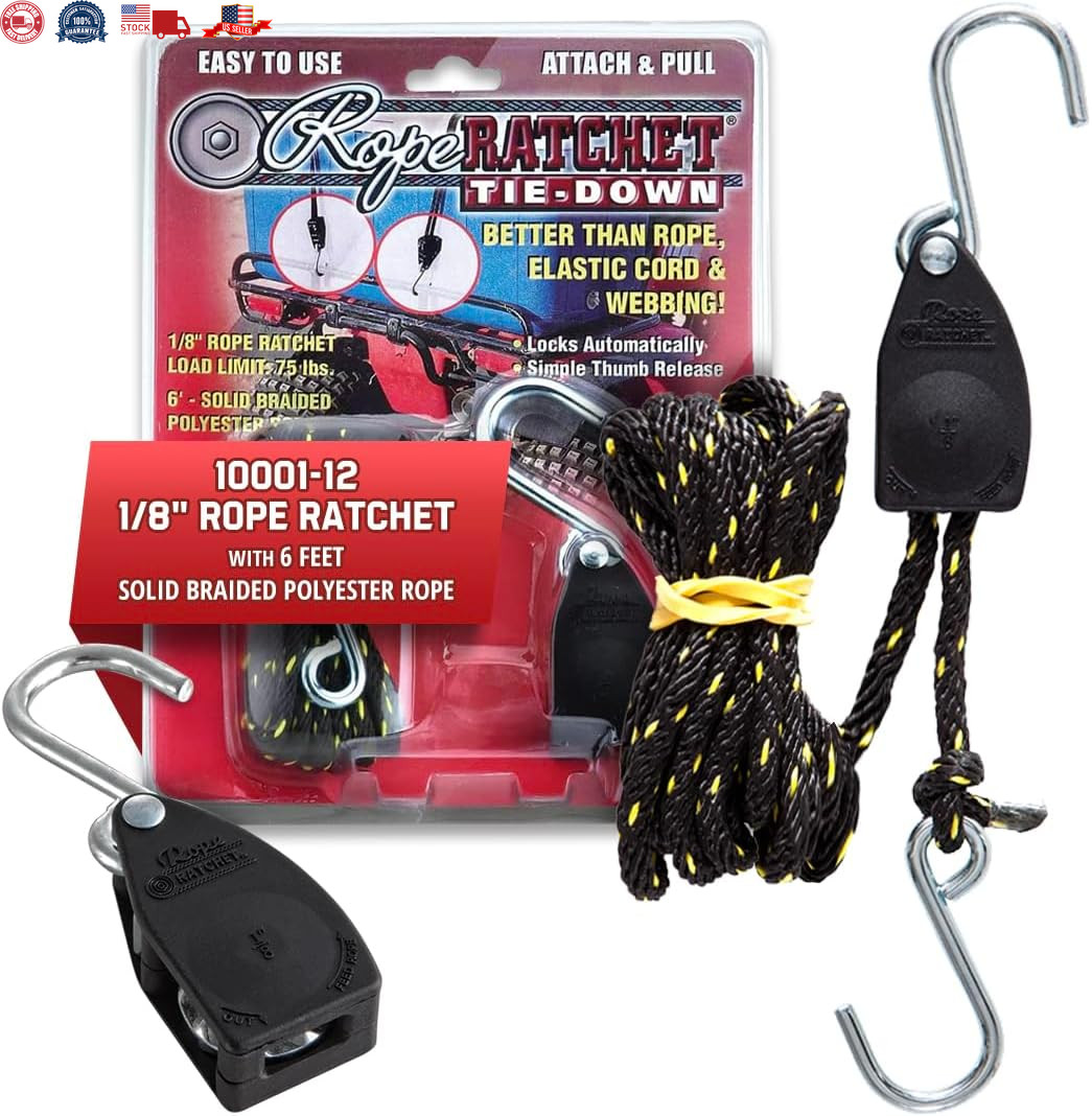 Rope Ratchet 10001-12 1/8" Rope Hanger Tie Down Rope, with 6' Solid Braided