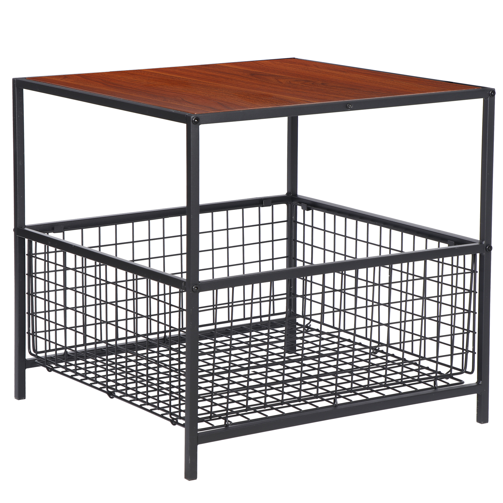 Square Sofa Side Storage Cabinet Compact Coffee Table Basket Metal Frame, Black