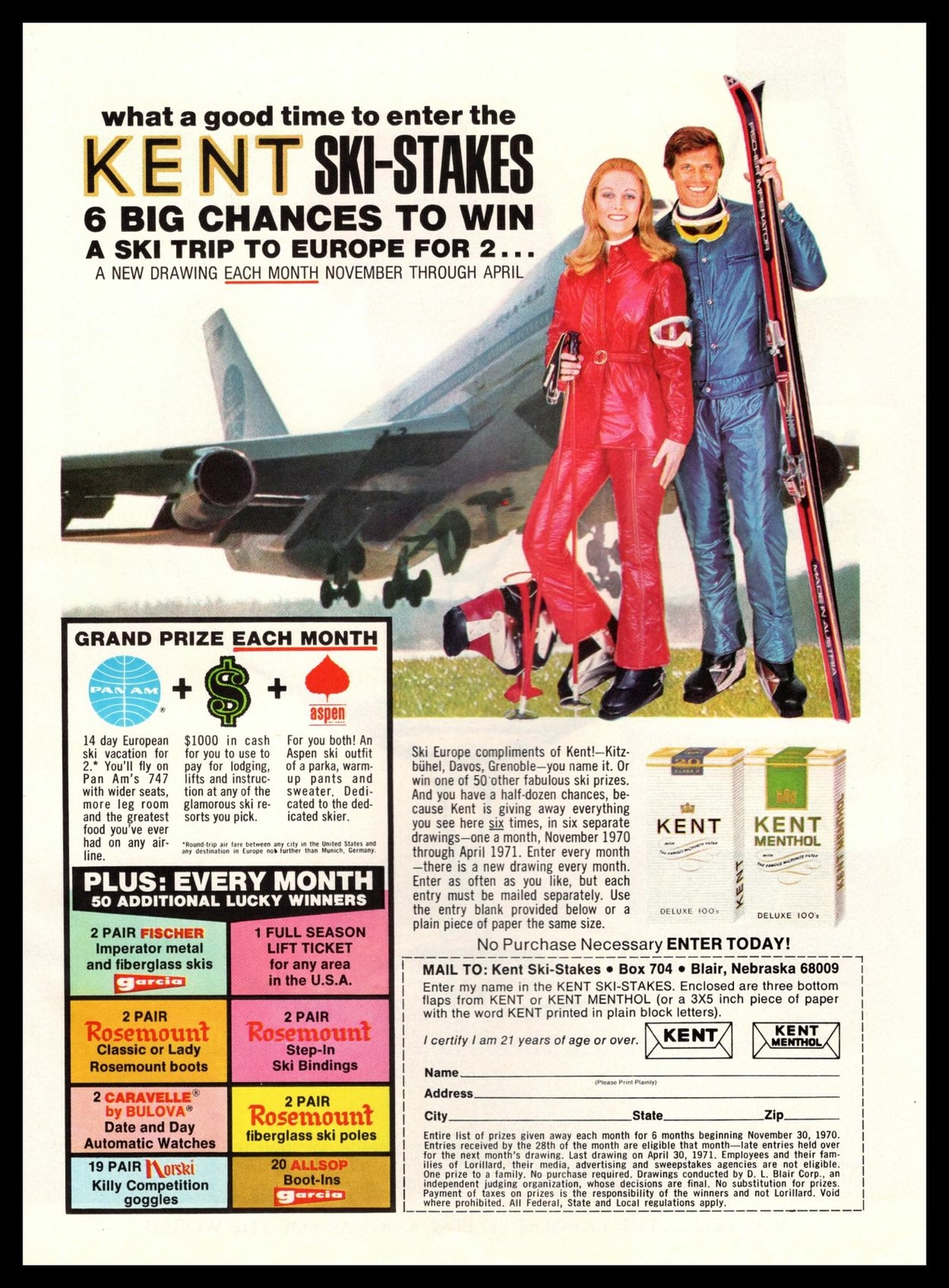 1970 Kent Cigarette "Ski-Stakes" Pan Am Airlines European Ski Vacation Print Ad