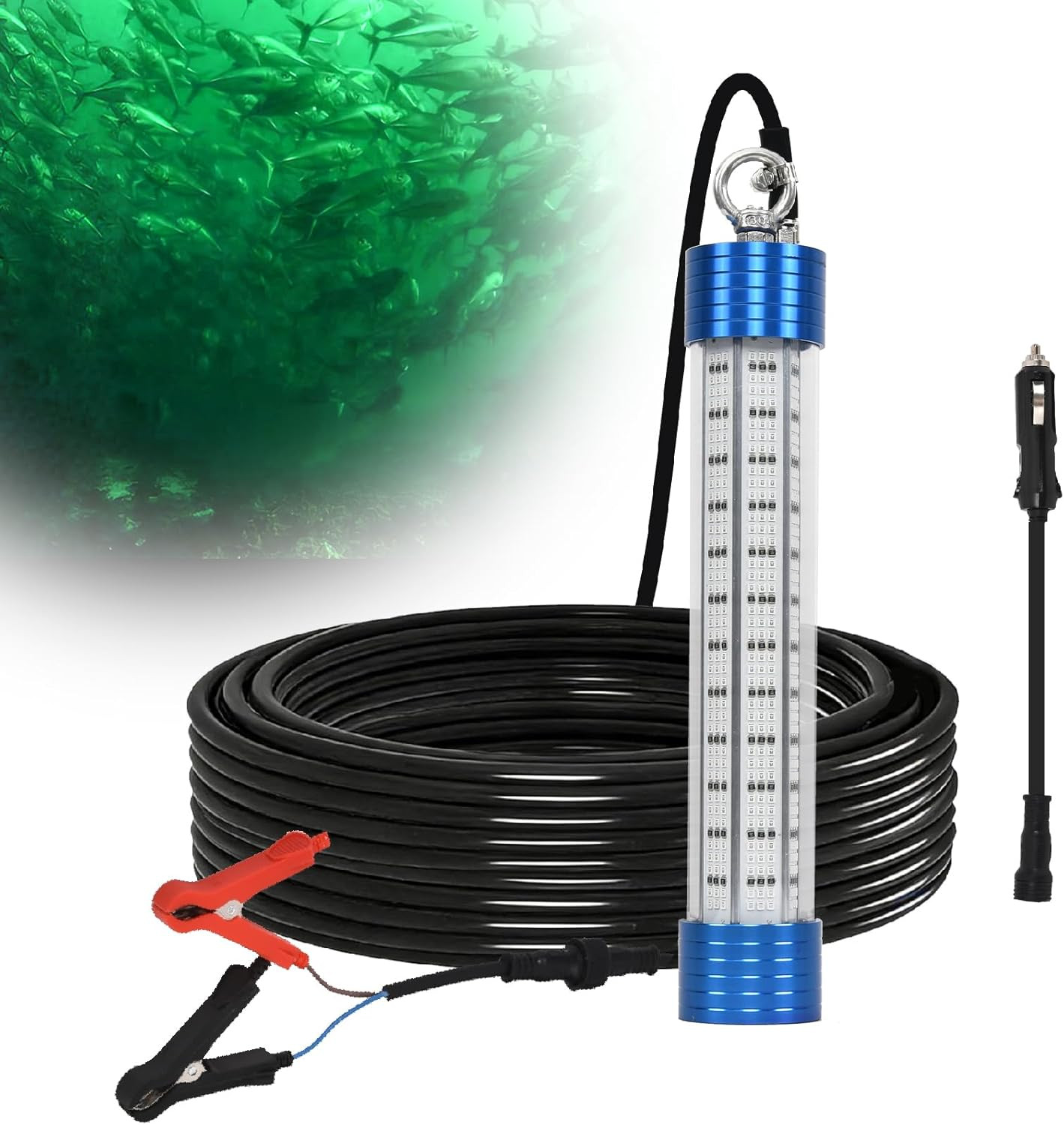4000LM Green Underwater Fishing Light, 50W 12V LED Power Clamp/Cigarette Lighter