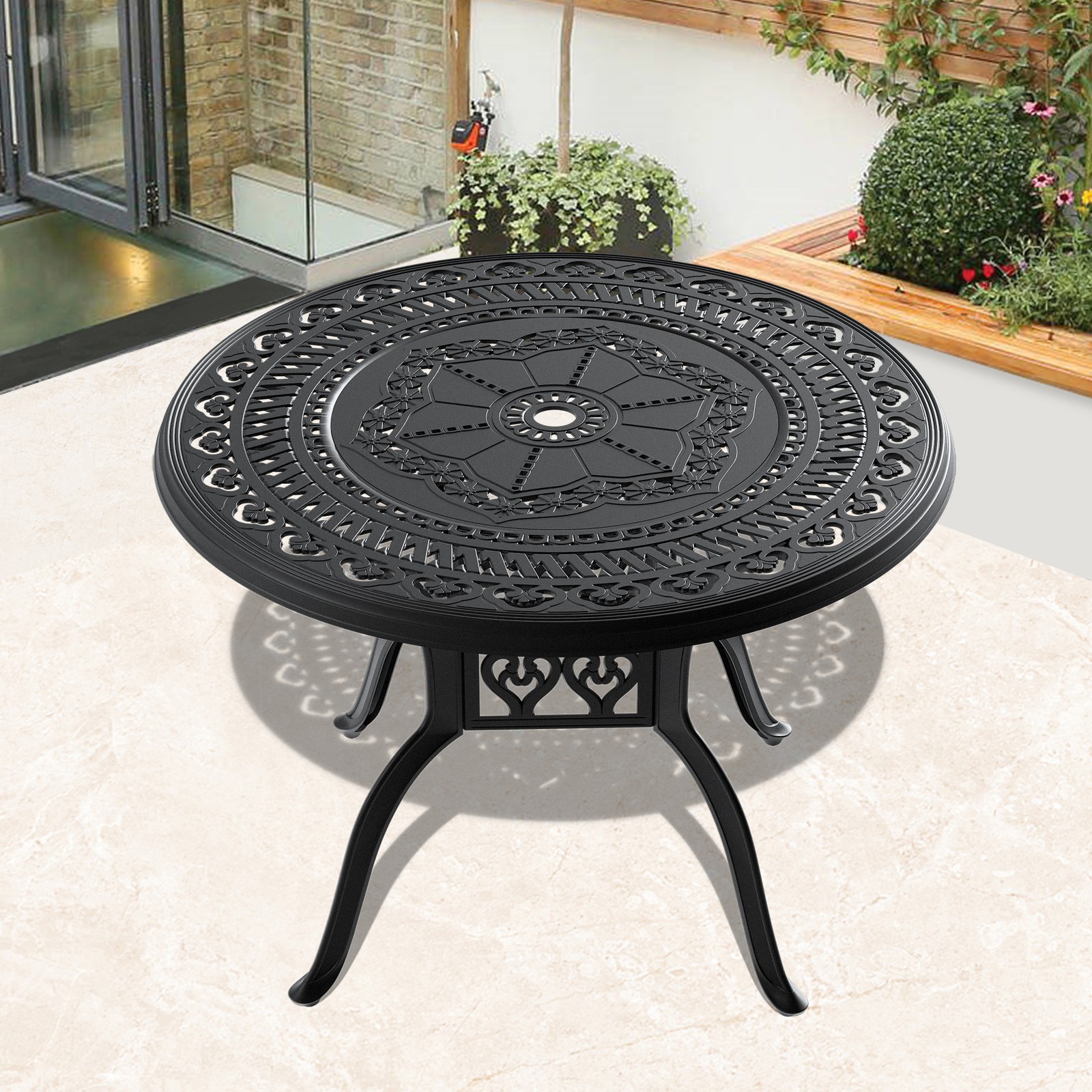 39.37" Cast Aluminum Patio Dining Table Black Frame Umbrella Hole
