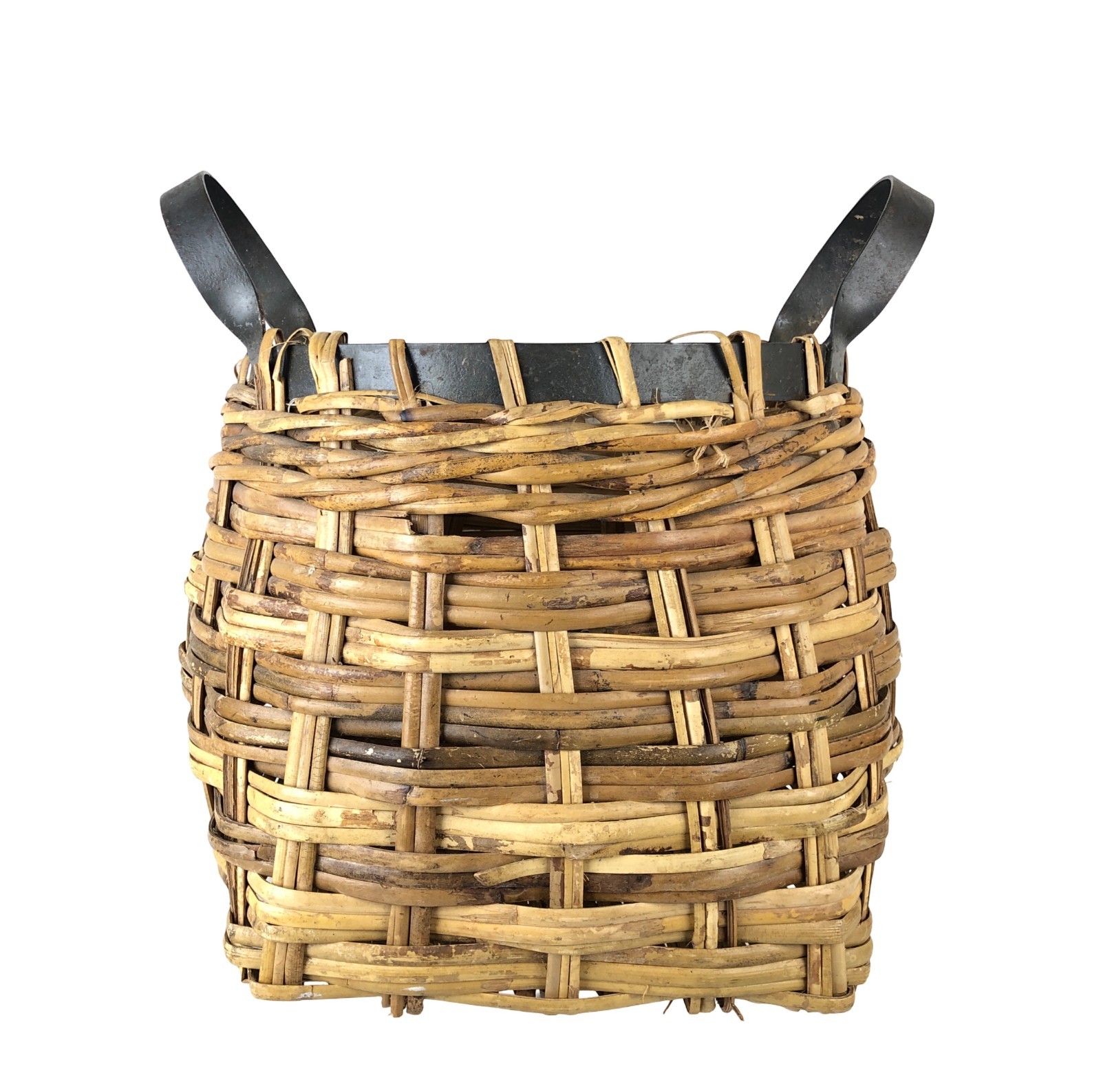 Woven Wicker Bag Style Basket with Metal Rim and Handles 12 x 12"