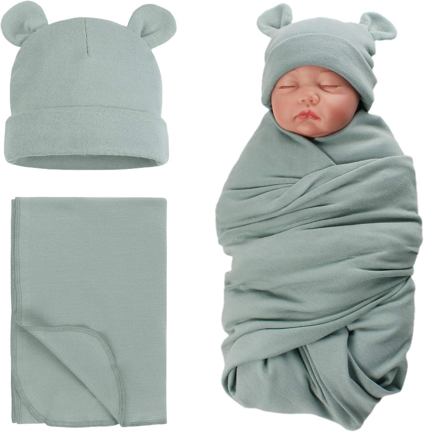 PESAAT Cotton Baby Swaddle Hat Set 0-6 Months, Greyish Green(swaddle&hat)