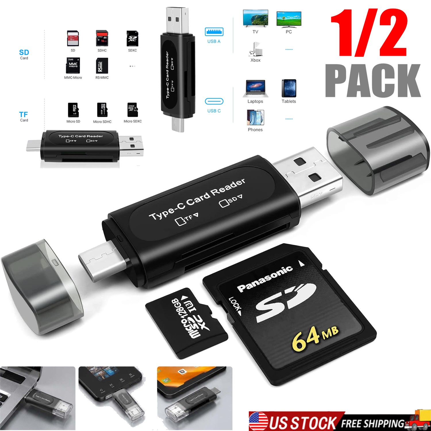 1-2x SD Card Reader USB C, 2-in-1 Dual Slot Micro SD Adapter for Micro,SDHC etc.