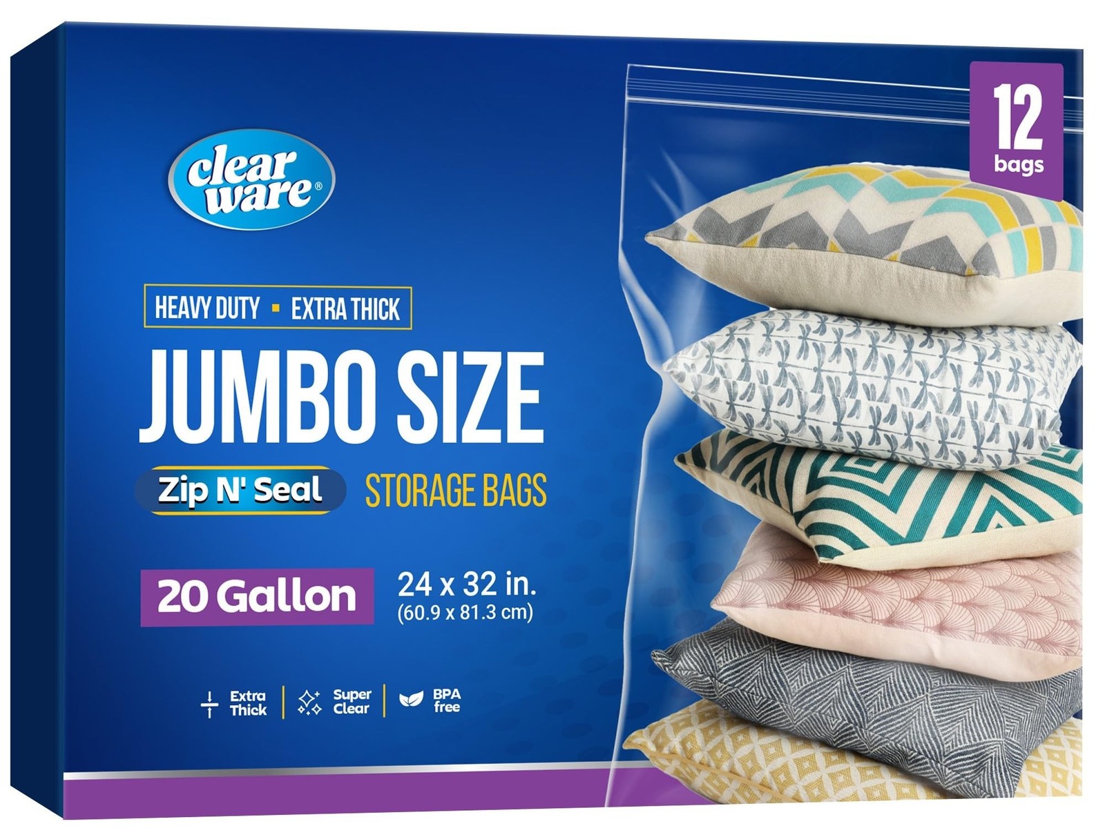 12 Count - Large Plastic Bags With Zipper Top, 20 Gallon Size 24" x 32", Extr...