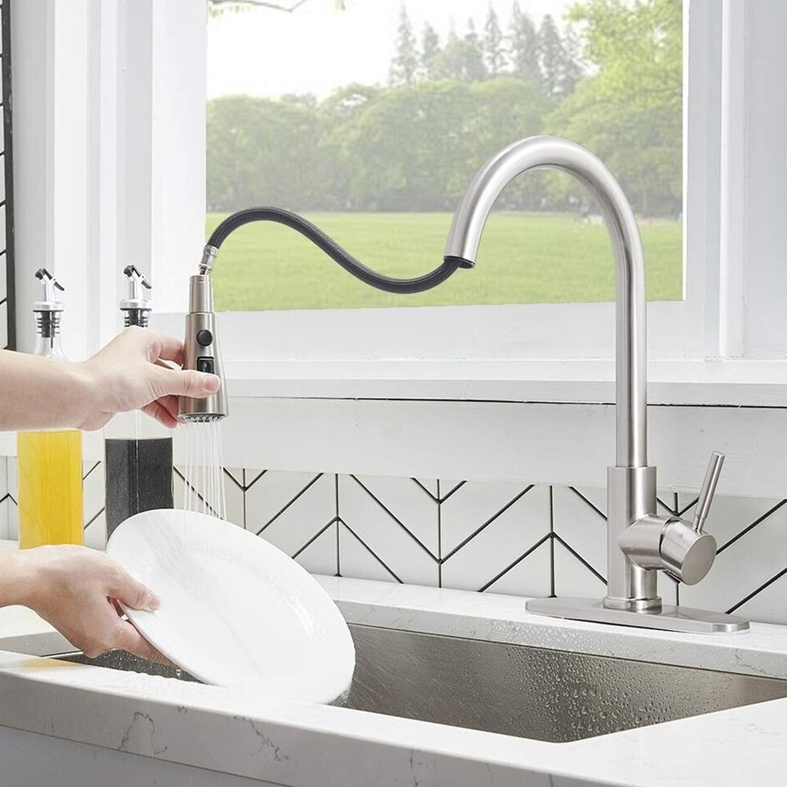 Commercial Kitchen Faucet Pull Down Sprayer Mixer Single Handle Stainless Steel