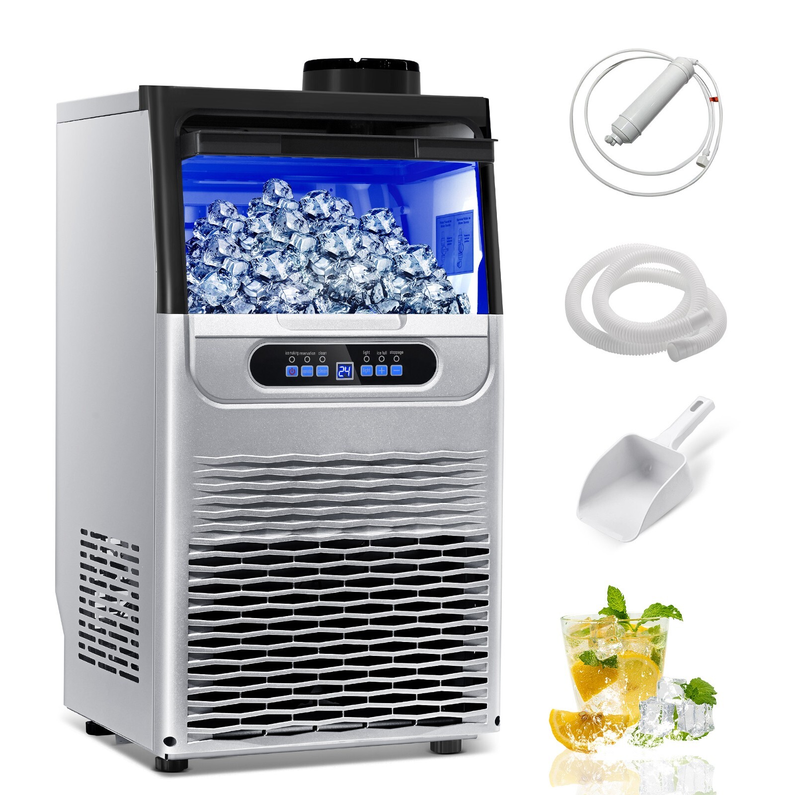 100Lbs Dual Water Inlet Commercial Ice Maker Stainless Steel Restaurant Ice Cube