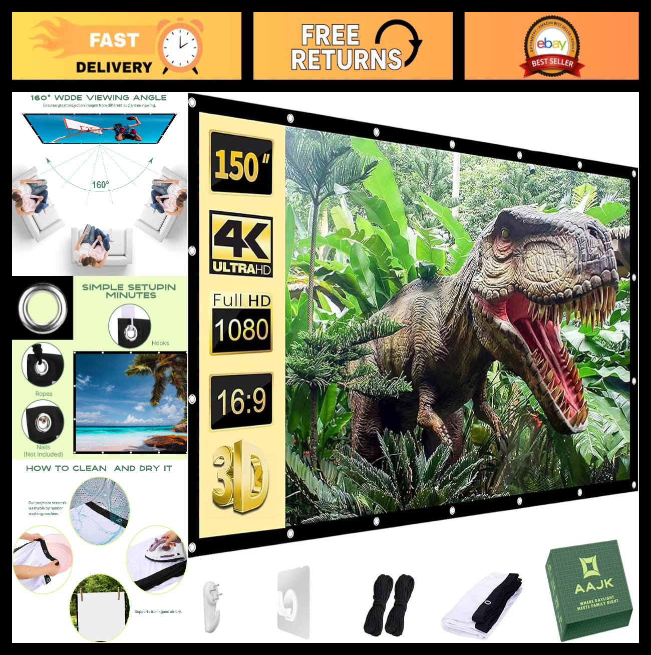 150" Portable Outdoor Projector Screen - Anti-Crease, Washable, 16:9, Foldable,
