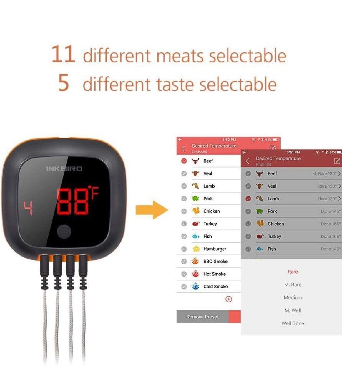 Inkbird Bluetooth Digital Wireless Meat Thermometer with 4 Probes Timer