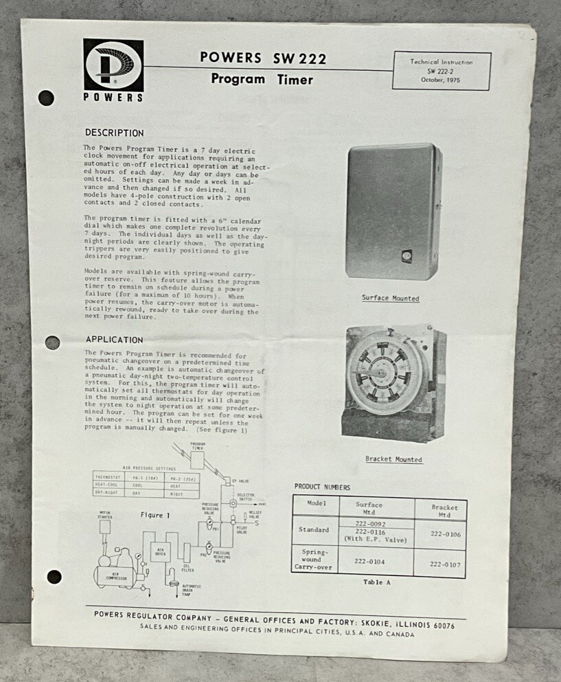 Powers Regulator Co SW 222 Program Timer Technical Instruction Vintage 1975