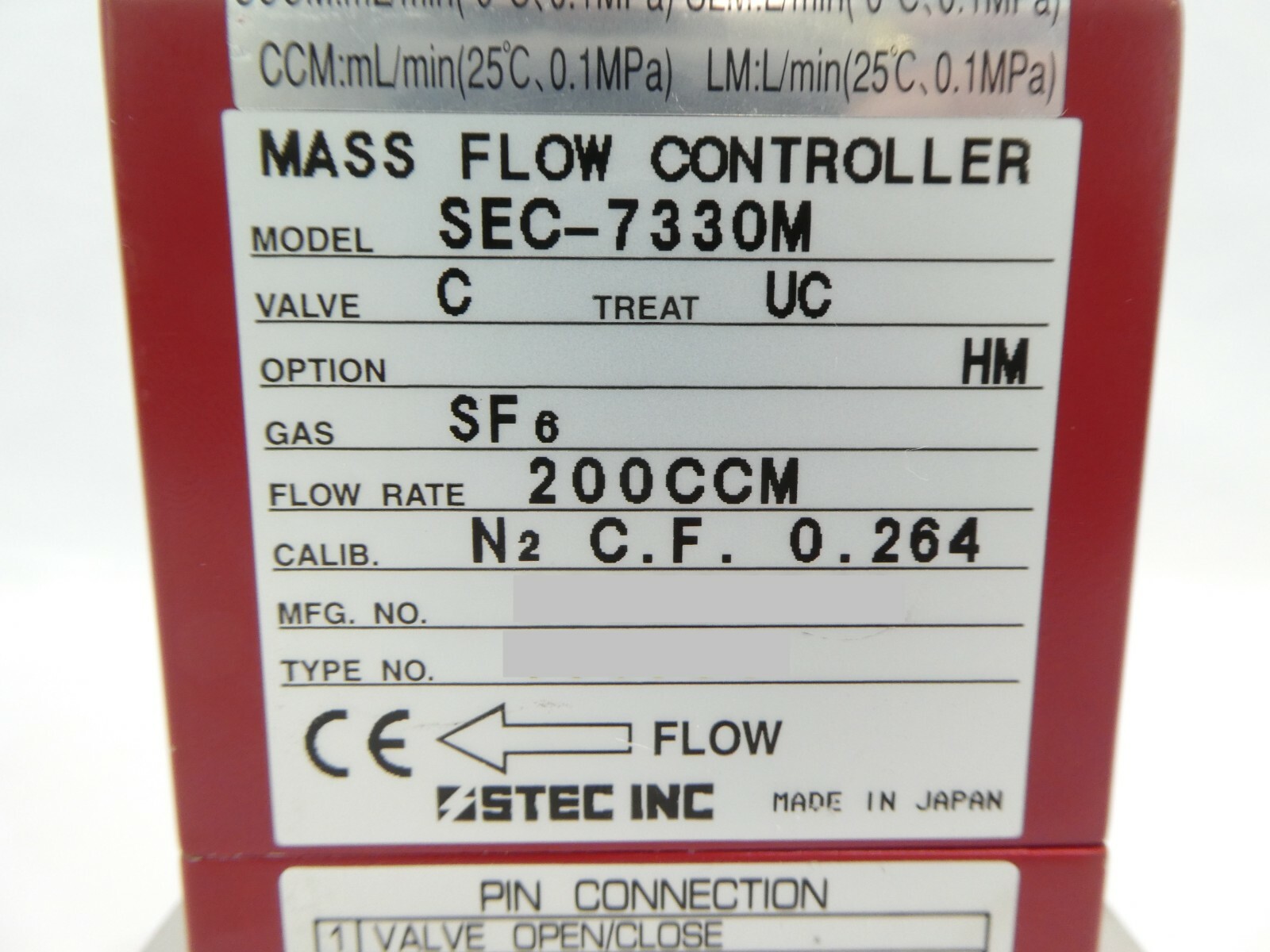 STEC SEC-7330M MFC Mass Flow Controller SEC-7330 200 CCM SF6 Working Spare