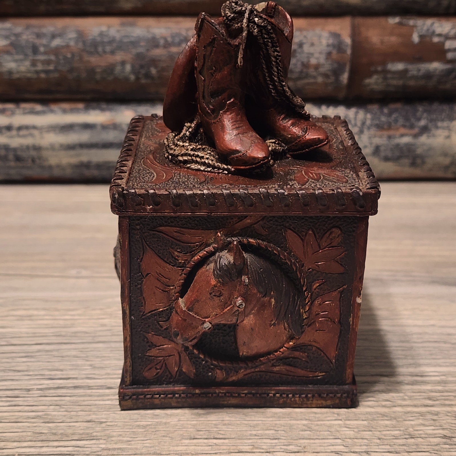 Western Themed Resin Trinket Box - 4 1/2" tall x 2 1/4" square