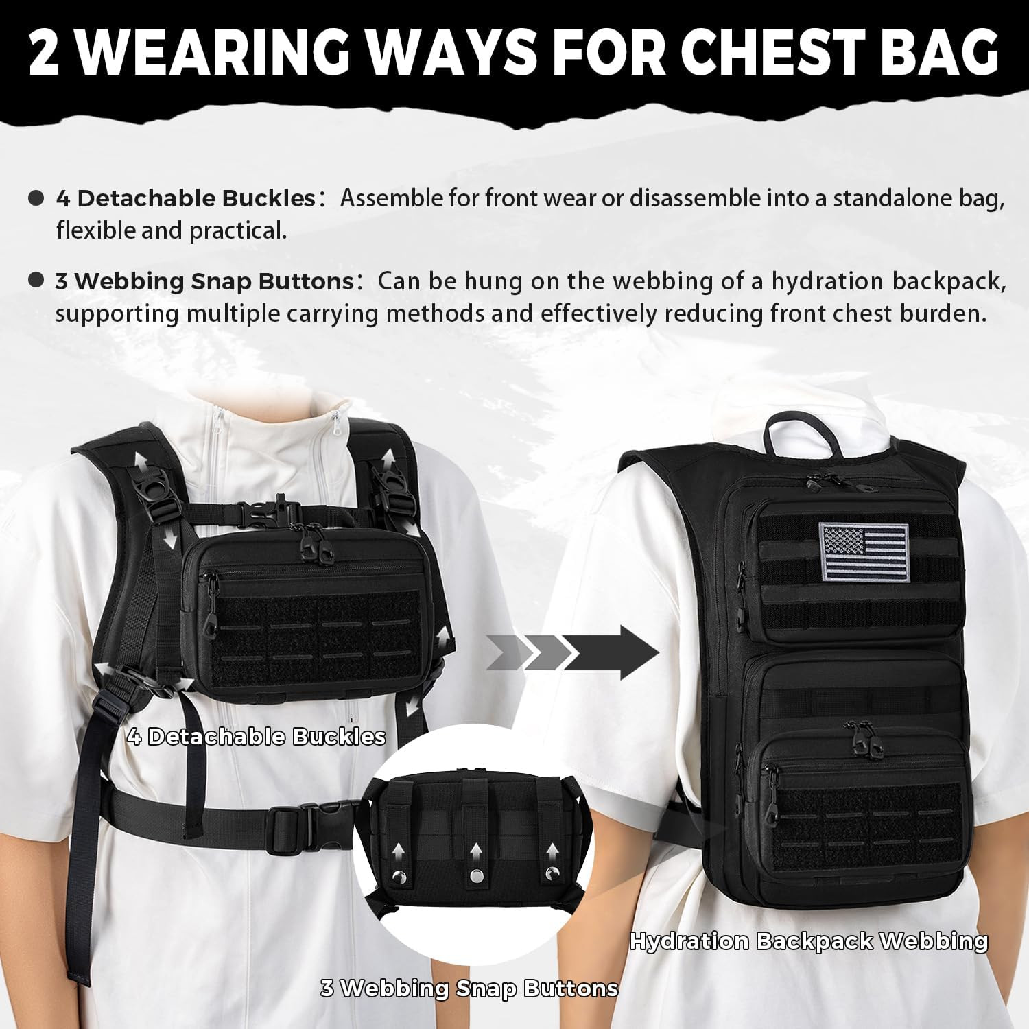 Tactical Hydration Backpack with 2L Water Bladder and Front Small Tactical Pouch