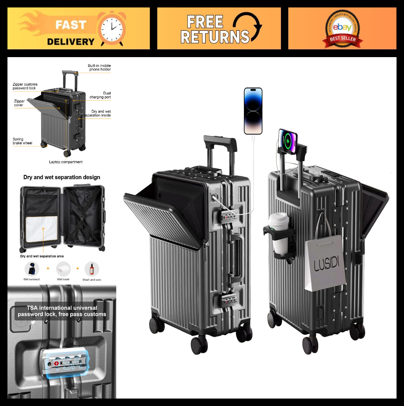 Zipperless Carry-On Suitcase, 20" Expandable Hard Shell Luggage with Spinner Whe