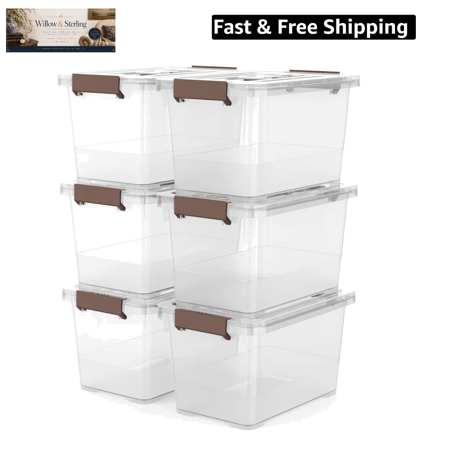 6-Pack Clear 7 Quart Storage Latch Box/Bins, Plastic Stackable Latching Box w...