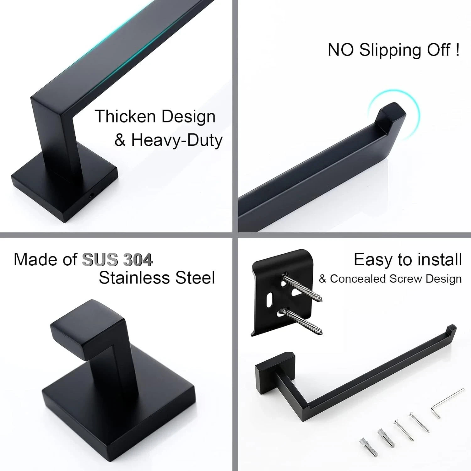 Matte Black 4-Piece Complete Bathroom Accessory Set Towel Bar & Hardware Kit