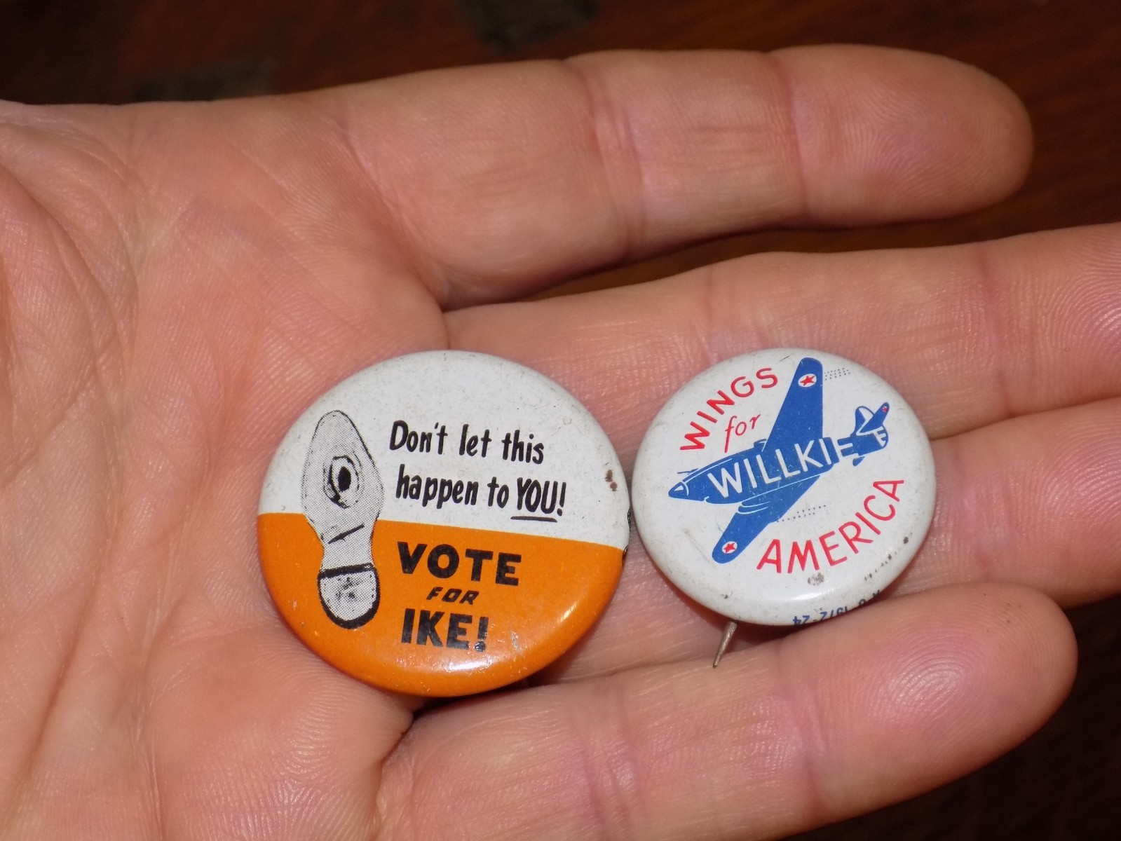 Vintage Pair of Political Pinback Buttons Wilke 1940 and Ike 1956