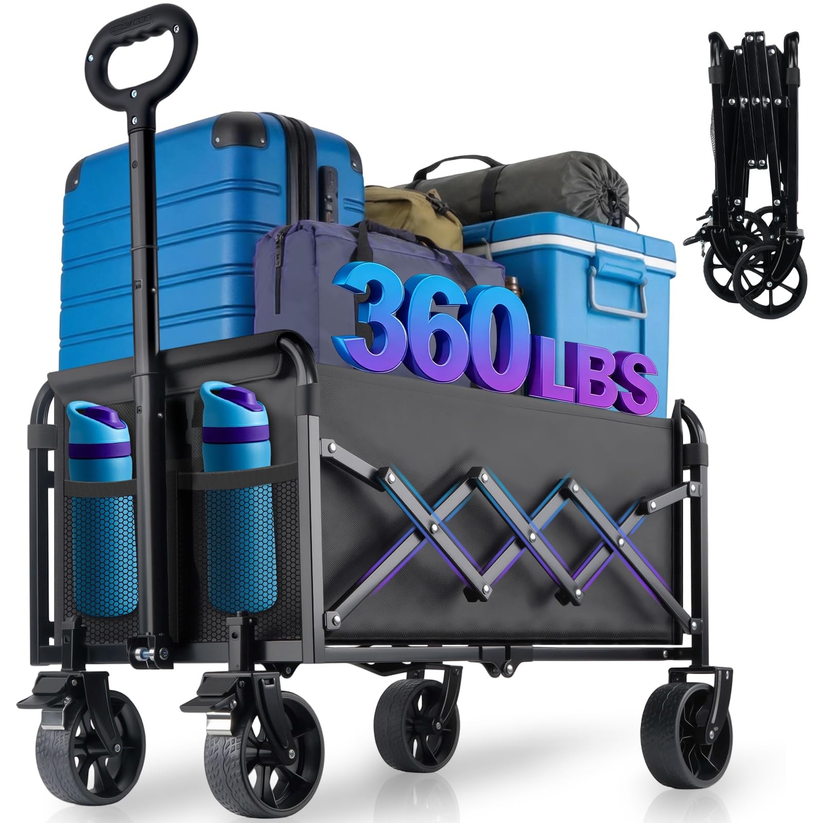 360LBS Collapsible Wagon Cart Foldable - Heavy Duty Portable Utility Folding ...