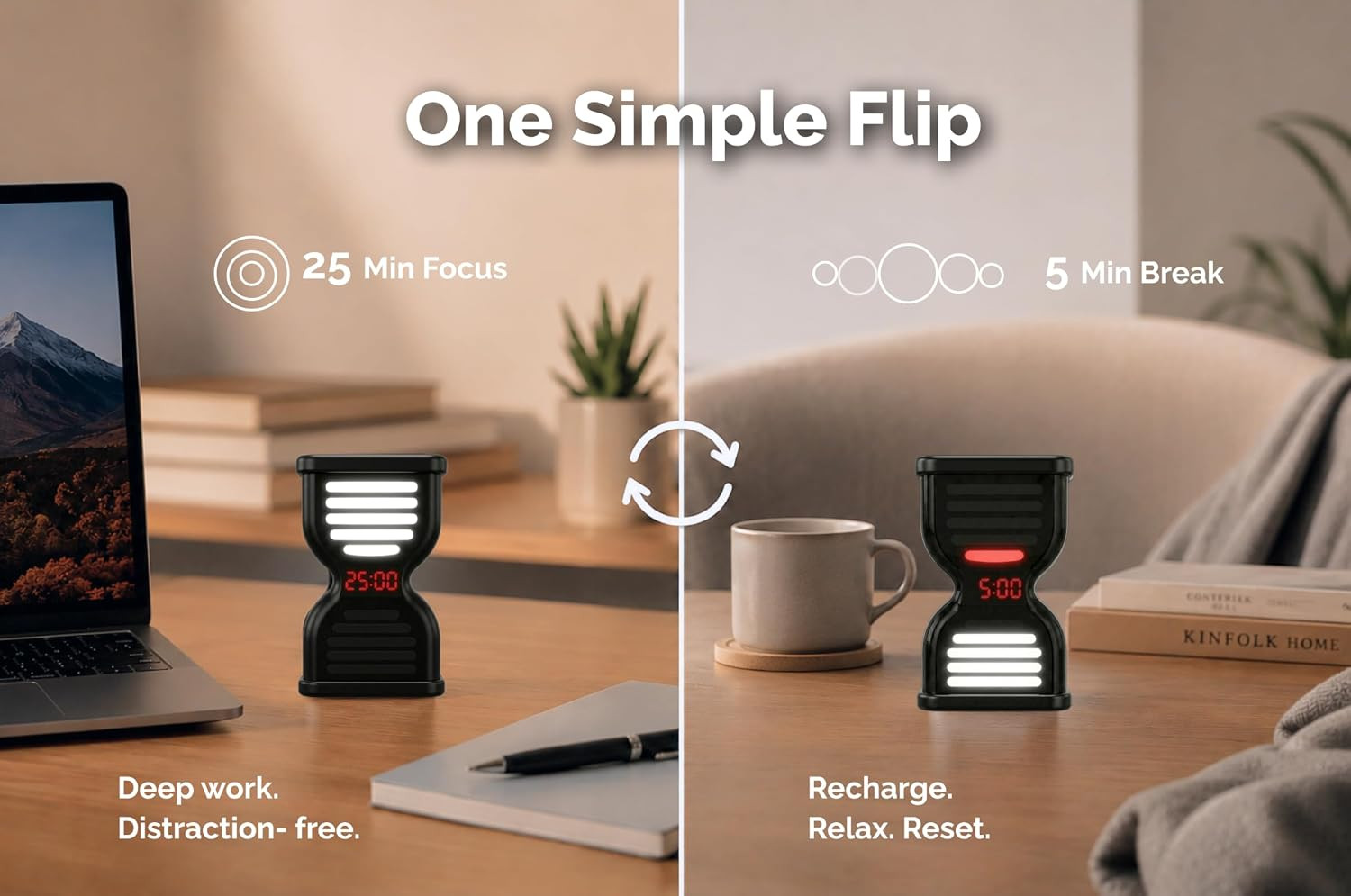 Pomodoro Timer for Productivity, Visual Countdown with Light Flow, Flip Timer 25